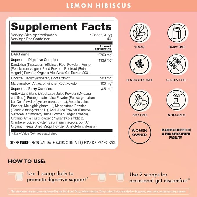 Boobie Debloat to The Max | Rapid Debloating for Women &amp Men | L-Glutamine and Marshmallow Root for Gut Health | Lemon Hibiscus Flavor 60 Servings