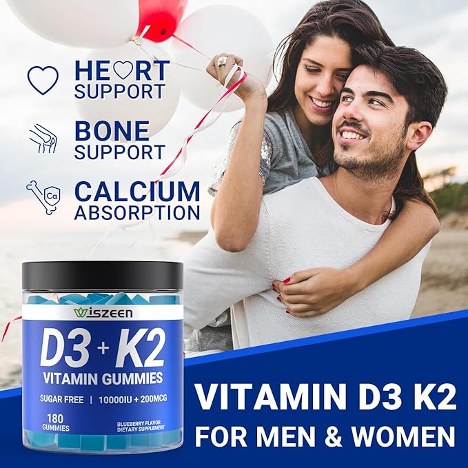 Sugar-Free Vitamin D3 K2 Gummies Vitamin D3 10000iu &amp Vitamin K2(MK7) 200mcg with Calcium Magnesium Vitamin B12 for Bone Muscle Teeth Immune Vegan