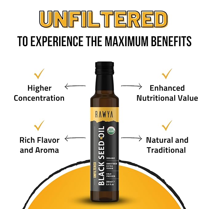 RAWYA Black Seed Oil | Extra Strong Taste With TQ Cold Pressed Nigella Sativa Non-GMO Glass Bottle + RAWYA Black Pit Oil - Unrefined Premium With TQ Cold Pressed Natural 8.4 Fl Oz