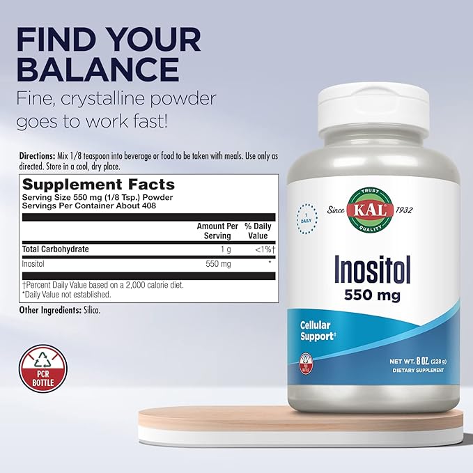 KAL Inositol Powder 550mg Brain Health Nervous System &amp Mood Support Supplement Cellular Health Support Enhanced Absorption Formula Easy to Mix Approx. 408 Servings 8oz