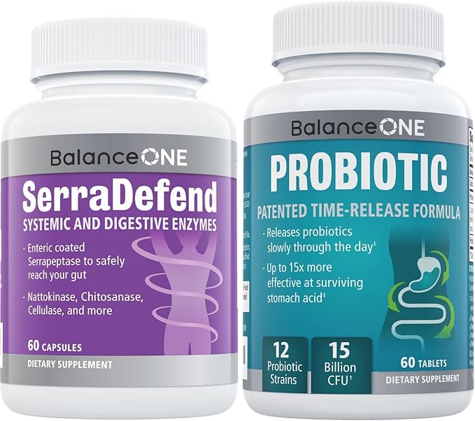 Balance ONE Probiotic &amp SerraDefend Bundle – 15 Billion CFUs Probiotic with Time-Release Technology + Serrapeptase for Healthy Digestion Immune Support &amp Gut Health – Delayed-Release Vegan