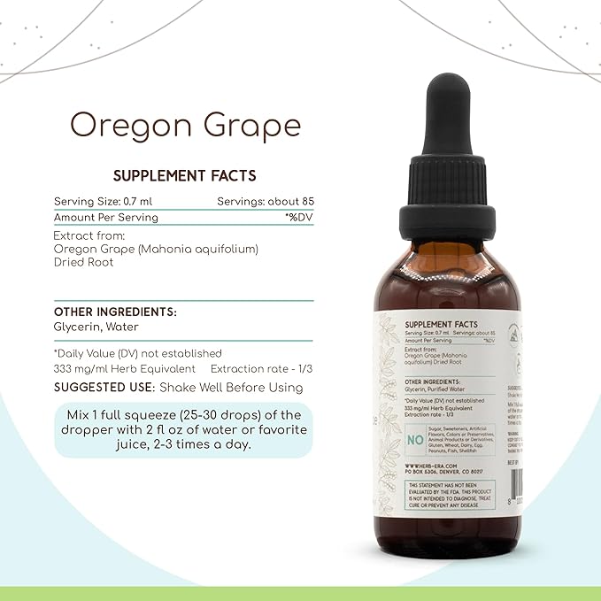HerbEra Oregon Grape B60 Alcohol-Free Herbal Extract Tincture Concentrated Liquid Drops Natural Oregon Grape (Mahonia spp.) (2 fl oz)