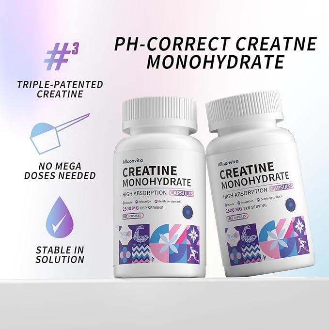 Allcoovita Creatine Monohydrate Capsules -3 Creatine Capsules per Serving 2500mg Gluten Free 180 Capsules