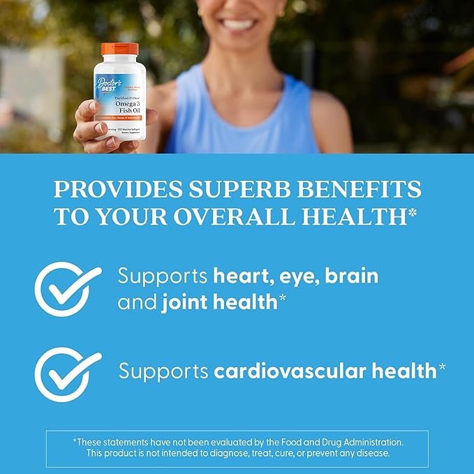 Doctor's Best Omega 3 Fish Oil Supplement for Women &amp Men - Source of DHA EPA &amp Omega-3 Fatty Acids Purified High 2000 mg Potency Heart Health Support Non-GMO Gluten Free - 120 Marine S