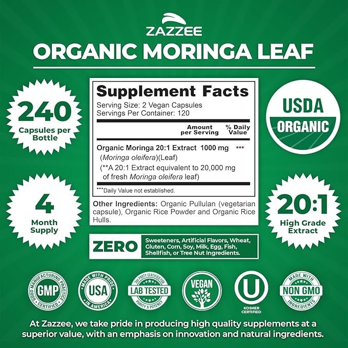 Zazzee USDA Organic Moringa Leaf 20:1 Extract 1000 mg Per Serving 240 Vegan Capsules 4 Month Supply Certified Kosher Moringa Oleifera Antioxidant Immune &amp Cellular Support Made in the USA