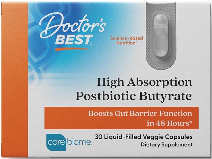 Doctor's BEST High Absorption Postbiotic Butyrate Featuring Corebiome Gut &amp Immune Health Non-GMO Gluten Free Soy Free Vegan 30 Liquid Veggie Caps
