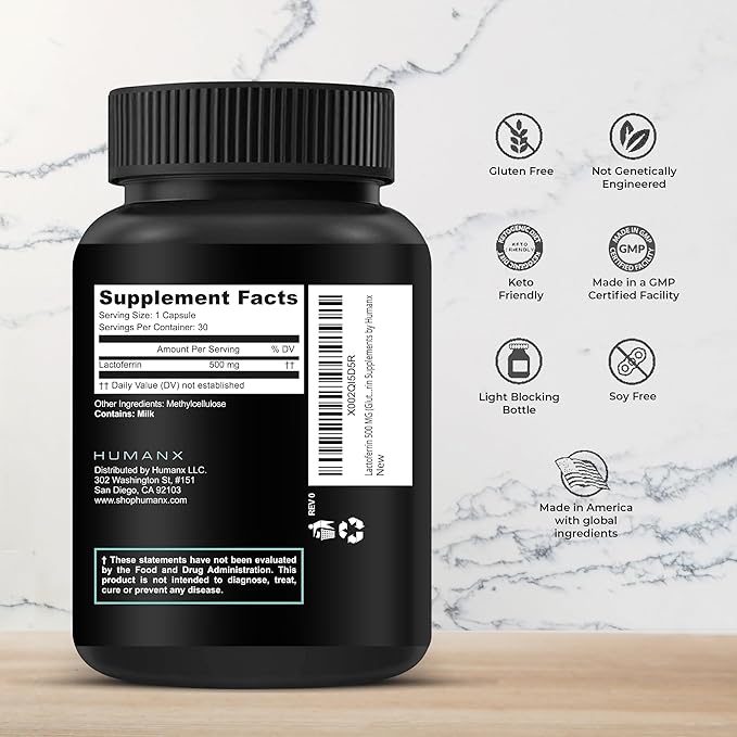 HUMANX Lactoferrin 500mg - Powerful Serving Size (Gluten Free Non GMO Soy Free Supplements) - A Component in Colostrum - USA Made Supports Healthy Immunity Iron Utilization &amp Absorption