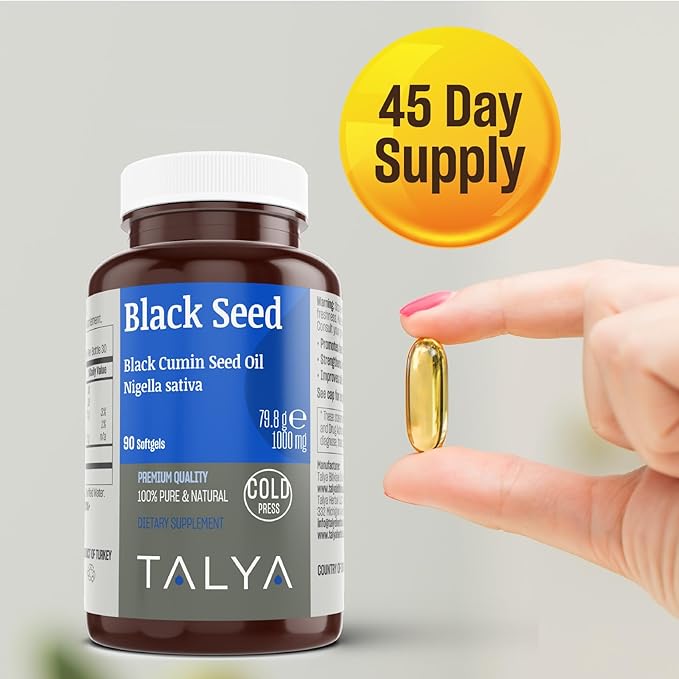 TALYA Black Seed Oil Softgel with High Thymoquinone - Immune Support - Digestive Health - Brain Function - Joint Mobility - Cold-Pressed - Non-GMO - Turkish Black Cumin Seed 90 Capsule