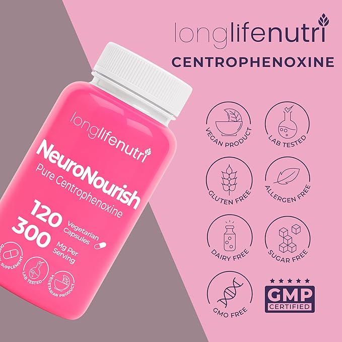 NeuroNourish (Centrophenoxine) 300mg - 120 Vegetarian Capsules 4-Month Supply Natural Nootropic for Strengthening Memory Focus &amp Cognitive Function GMP Certified Made in USA