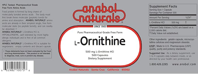 Anabol Naturals L-Ornithine 2000 Capsules 500 mg Free Form