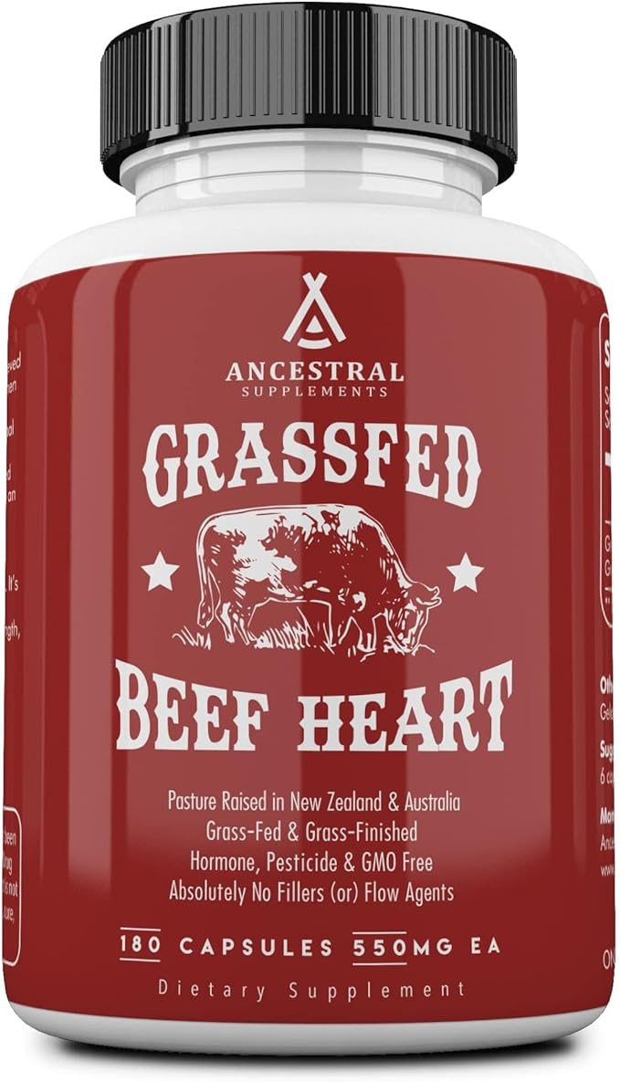 Ancestral Supplements Grass Fed Beef Heart Supplement 3300mg CoQ10 Supplement Supports Heart and Mitochondrial Health Non-GMO 180 Capsules