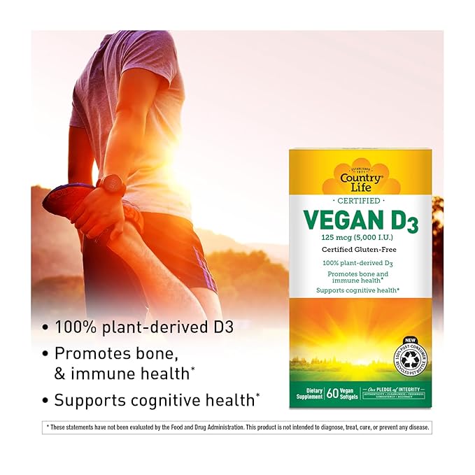 Country Life Vegan D3 5000 IU – Plant-Derived Vitamin D3 from Lichen – Certified Vegan Gluten-Free Non-GMO – Clean Simple Formula – 60 Softgels