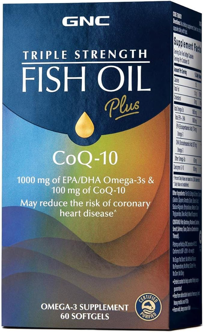 GNC Triple Strength Fish Oil Plus CoQ10 Omega 3 Supplement 1000mg EPA and DHA 100mg CoQ10 Heart and Circulatory Health Plus Skin Joint Brain and Eye Coated to Control Fishy Burps 30 Servings