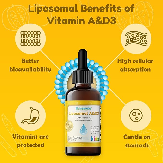 Nuvamin – Liquid Liposomal Vitamin A &amp D3 Drops with K2 for Baby Toddlers Kids &amp Adults 800 IU/mL 2 Fl.Oz (60ml) 120 Daily Serving Great Taste - All Natural - Superior Absorption Lemon Fl