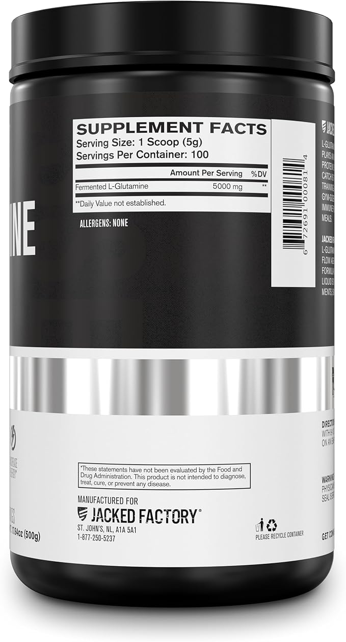 Jacked Factory L-Glutamine Powder 100 Servings - Vegan Fermented L Glutamine Supplement for Post Workout Muscle Recovery Immunity Digestive Health | No Artificial Filler - Unflavored