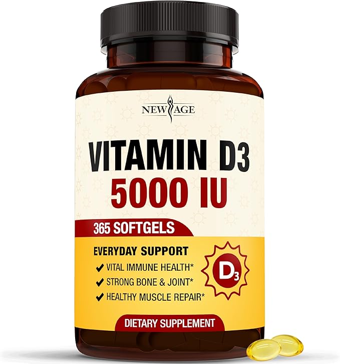 NEW AGE Vitamin D3 5000 IU 125mcg Softgels - Support Immune Support Strong Bone Health - Non-GMO Gluten-Free Dairy-Free1 Year Supply (360 Softgels (Pack of 1))