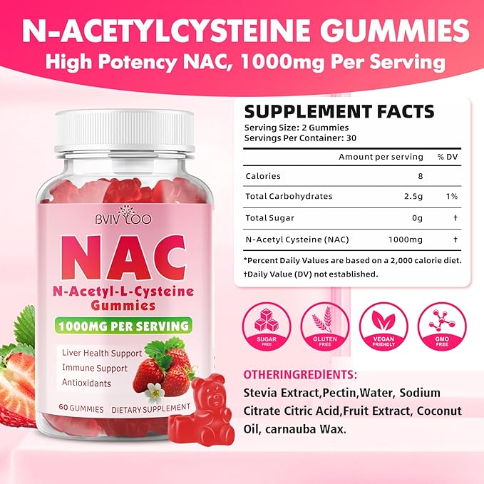 2 Pack Sugar-Free 1000mg NAC Gummies N-Acetyl Cysteine Supplement for Antioxidants &amp Immune Support 120 Vegan Gummies