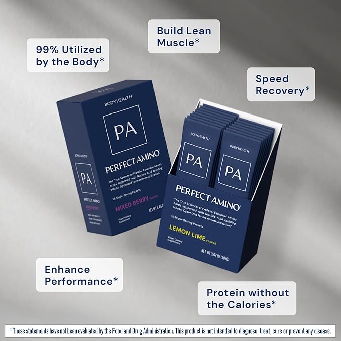 BodyHealth PerfectAmino Powder - BCAA and EAA Powder for Pre and Post Workout - Amino Acid Energy Drink for Men and Women to Support Lean Muscle and Recovery - Chocolate - Stick Packs - 15 Servings