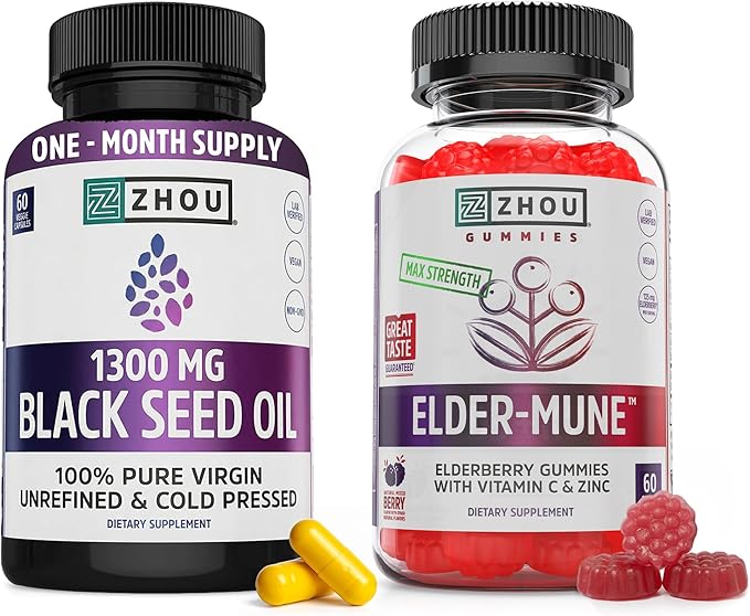 ZHOU Black Seed Oil Capsules &amp Elderberry Gummies with Vitamin C &amp Zinc - Black Cumin Seed Oil Cold Pressed Nigella Sativa Daily Immune Support Supplement for Women &amp Men - Pack of 2 60