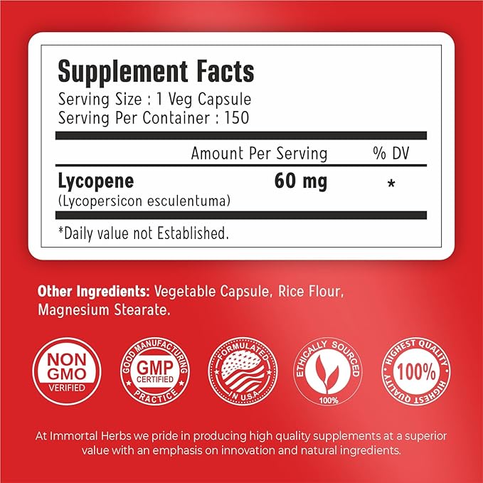 Lycopene Supplement for Men 60mg 120 Capsules Natural Tomato Extract Powder 4 Month Supply 100% Veg Lycopene Complex Non-GMO and Gluten Free Carotenoid Supplement