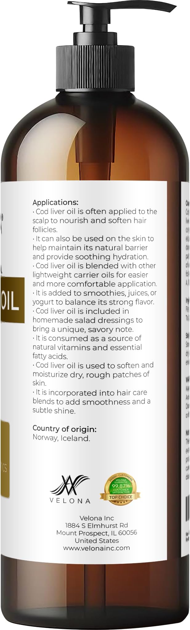 velona Cod Liver Oil - 16 Fl Oz | 1000A/100D IU/g Omega 3 Vitamins A &amp D3 | Norwegian Arctic Sustainably Sourced Nordic Oil | Hair Body and Skin Care | Use Today - Enjoy Results