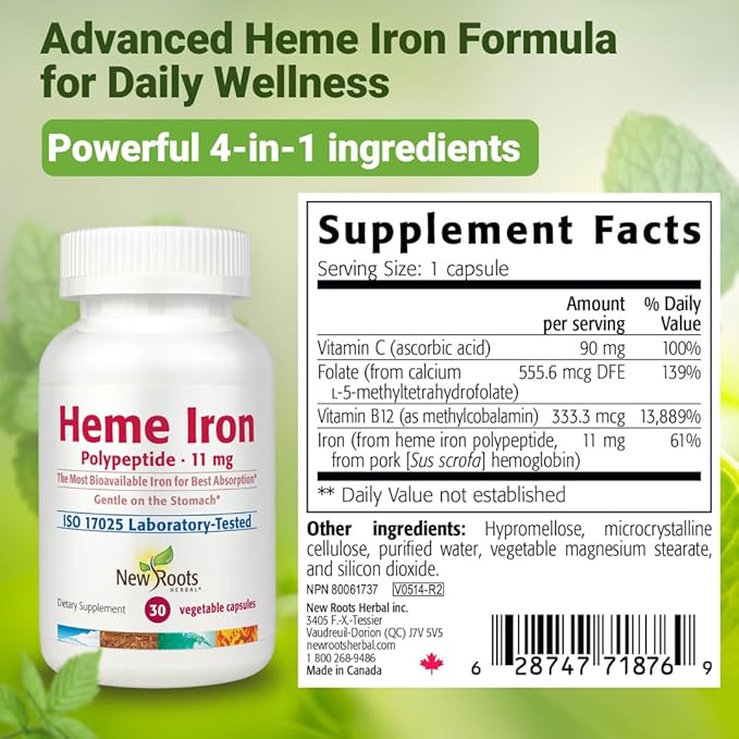 NEW ROOTS HERBAL Heme Iron Supplement | 4-in-1 Formula with Vitamin C B12 Folate for Best Absorption | Raise Hemoglobin &amp Ferritin for Women &amp Men Low-FODMAP (30 Capsules)