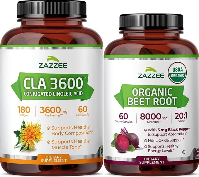 Zazzee Active Lifestyle Support Bundle | Organic Beet Root Capsules &amp High Strength Conjugated Linoleic Acid Softgels | Non-GMO &amp ISO Lab Tested (60 Servings Each)