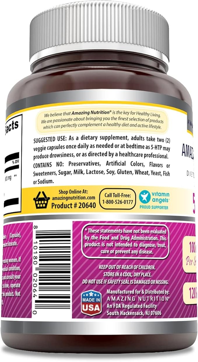 Amazing Formulas 5-HTP (Hydroxytryptophan) Supplement | 100 Mg Per Serving | Veggie Capsules | Non-GMO | Gluten Free | Made in USA (2 Pack 120 Count)