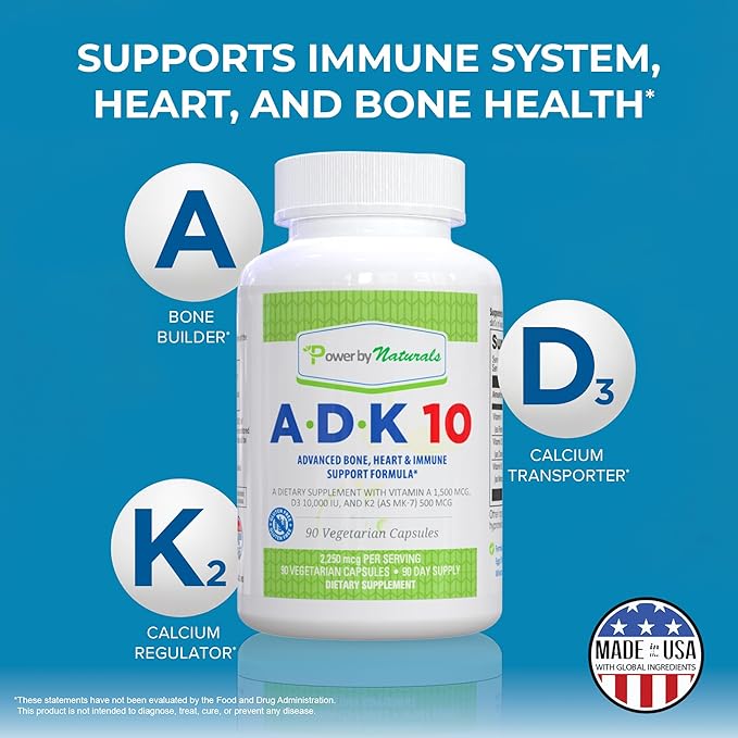 Power By Naturals ADK 10 Vitamin Supplement – Vitamins A D3 &amp K2 MK-7 for Bone Heart &amp Immune Health – Gluten-Free Soy-Free – 90 Capsules (3-Month Supply)