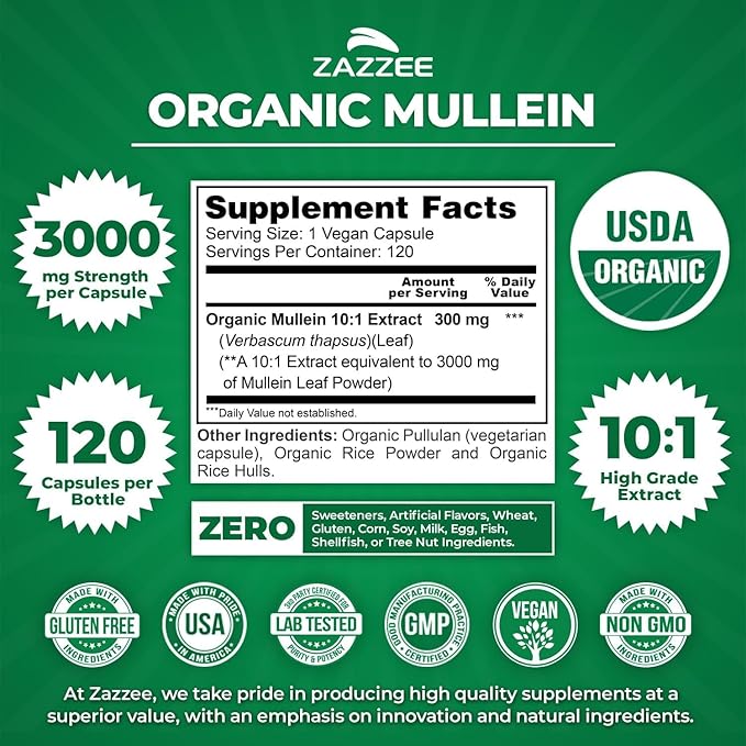 Zazzee USDA Organic Mullein Leaf Extract &amp 120000 SPU Serrapeptase Proteolytic Enzyme Capsules | Respiratory Lung Health Support Bundle (120 Servings Each)