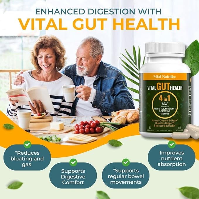 Vital Gut Health 4in1 Formula with Apple Cider Vinegar Prebiotics &amp Probiotics Digestive Enzymes for Strong Immunity Support and Complete Gut and Digestion Support- 30 Days Supply