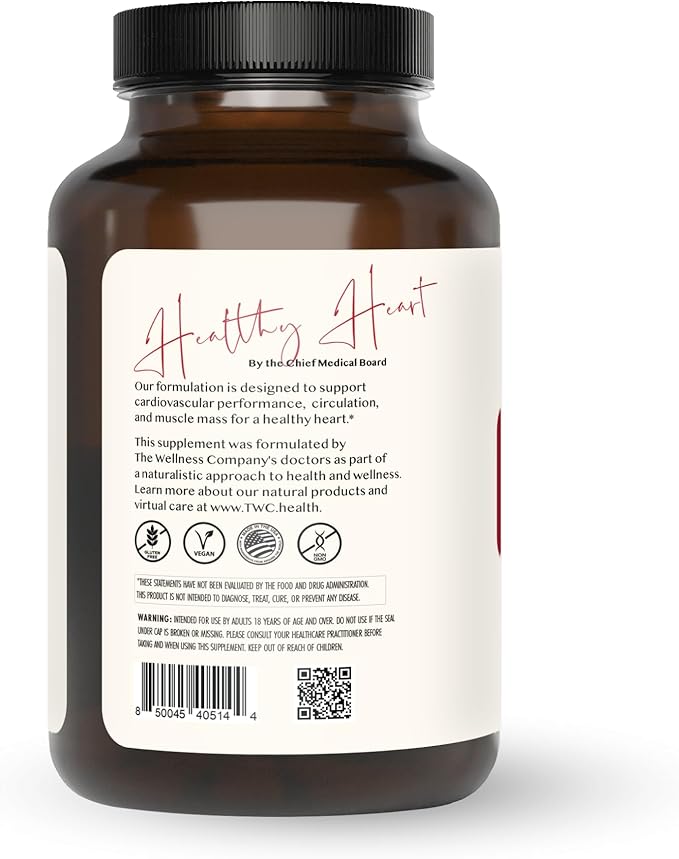 The Wellness Company Healthy Heart - Cardiovascular Strength Blood Flow Nitric Oxide Production &amp Healthy Cholesterol Levels | 120ct (2 Month Supply)