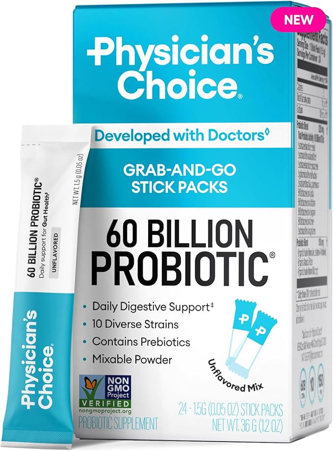 Physician’s Choice 60 Billion CFU Probiotic Stick Packs - 10 Strains + Prebiotics - Immune Digestive &amp Gut Health - Supports Occasional Constipation Diarrhea Gas &amp Bloating - for Women &amp