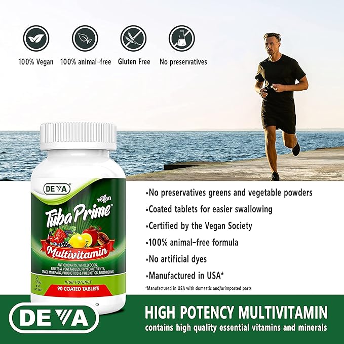DEVA Tuba Prime Vegan Multivitamin High-Potency Vitamin and Mineral Dietary Supplement Antioxidants Fruit and Vegetable Blend Super Mushrooms Probiotics Prebiotics Seeds Herbs - 90 Tabs 2-Pack