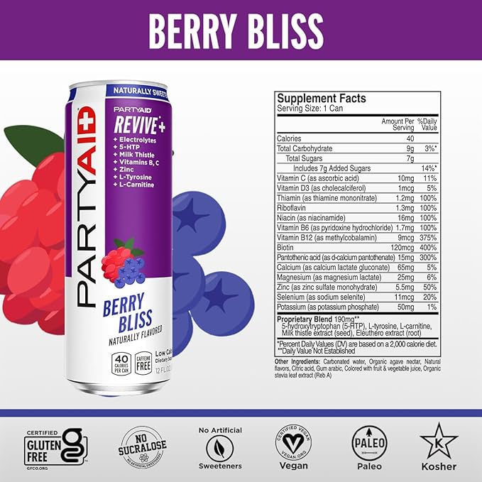 PARTYAID Rehab Blend Feel Good Tonight and Tomorrow Contains 5-HTP B-Complex Milk Thistle Electrolytes No Artificial Flavors or Sweeteners Caffeine-Free 12 Fl Oz (Pack of 12)
