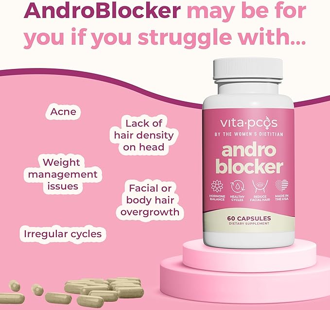 VITA-PCOS AndroBlocker Balance Supplement for Women - Stinging Nettle Capsules with Zinc &amp Inositol for Unwanted Facial Hair &amp Healthy Period - Saw Palmetto for Women Energy &amp Vitality - 6