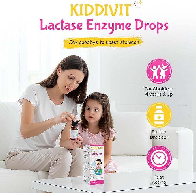Kiddivit Lactase Kids Drops 1000 Units – 50 Daily Servings 1 FL OZ (30 mL) – Lactose Digestion &amp Colic Relief – Sugar Free Gluten Free Vegetarian Friendly