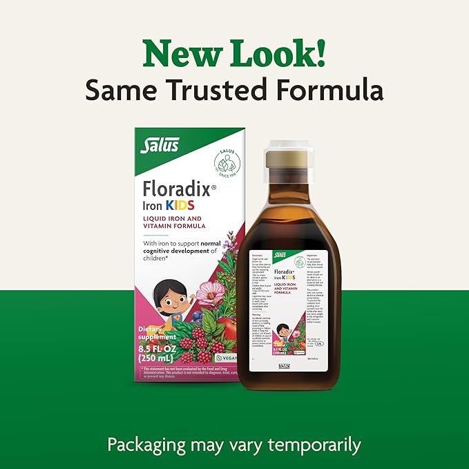 Salus Floradix Iron Kids - Liquid Iron &amp Vitamin Formula - Children's Supplement with C &amp B Vitamins - Vegan - Raspberry-Vanilla Flavor - 8.5 fl oz