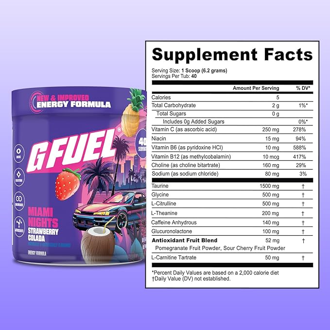 G Fuel Miami Nights 2.0 Energy Drink Powder Pre Workout Caffeine Mix for Gaming Sugar Free Focus Amino Vitamin + Antioxidants 8.7oz (Strawberry Pina Colada 40 Servings)