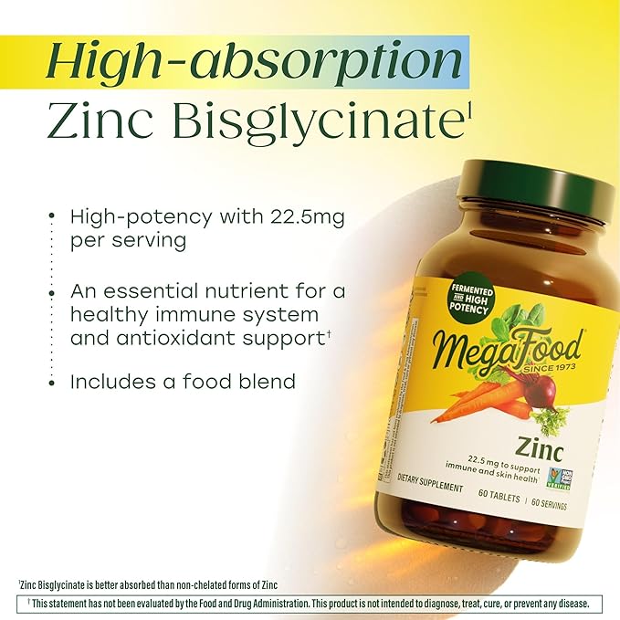 MegaFood Zinc Supplements for Women &amp Men - Vegan Immune Support Supplement with 22.5 mg High Potency Fermented Zinc Tablets - Made with Real Food - 120 Tablets 120 Servings