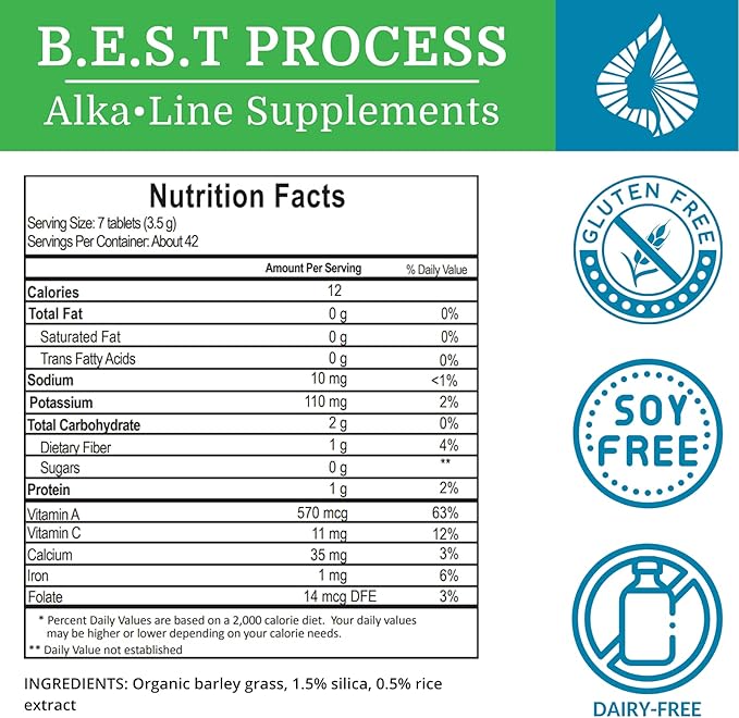 Alka•Green Tablets (6 Pack) Best Process Alkaline — Nutrient Dense Organic Barley Grass Supplement — Natural Source of Enzymes &amp Amino Acids