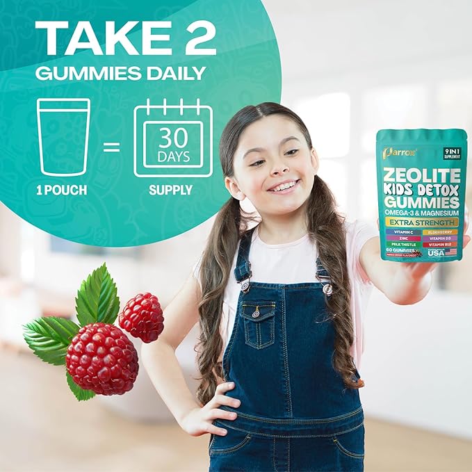 Zeolite Kids Detox Gummies 9-in-1 Extra Strength with Zeolite Omega-3 Magnesium Elderberry Vitamin C Milk Thistle Vitamin D3 Zinc B12 – Sugar-Free (Mixed Berry Flavor - 2 Pack)