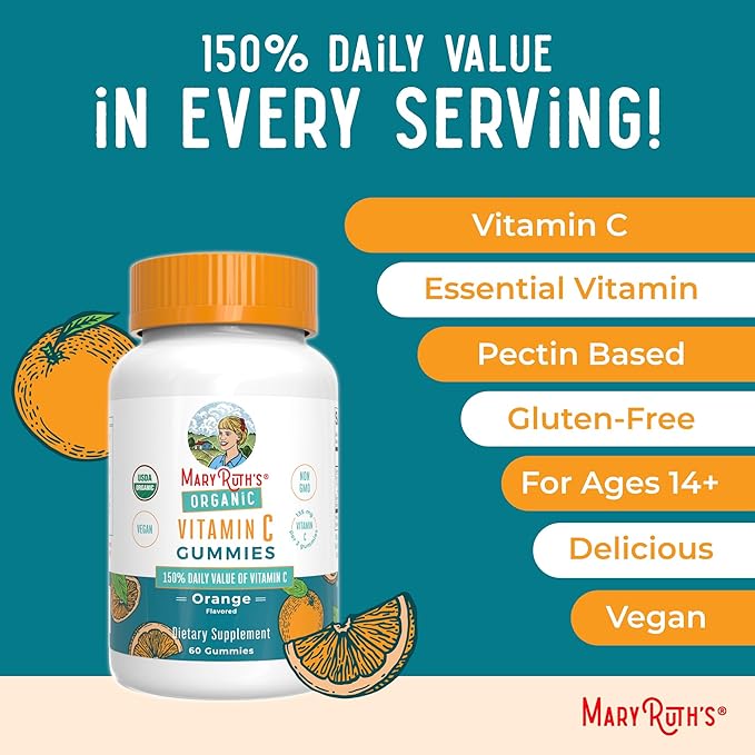 MARYRUTH'S Adult Vitamin C Gummies | USDA Organic | Vegan Chewable Vitamin C Gummies for Ages 14+ | for Immune Support &amp Overall Wellness | Vegan | Non-GMO | Orange Flavor | 60 Count