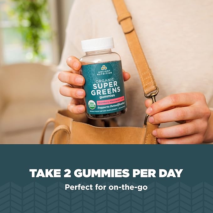 Ancient Nutrition Supergreens Gummy Organic Superfood Gummy Made from Real Fruits Vegetables and Herbs for Digestive and Energy Support 100 Count Strawberry Watermelon