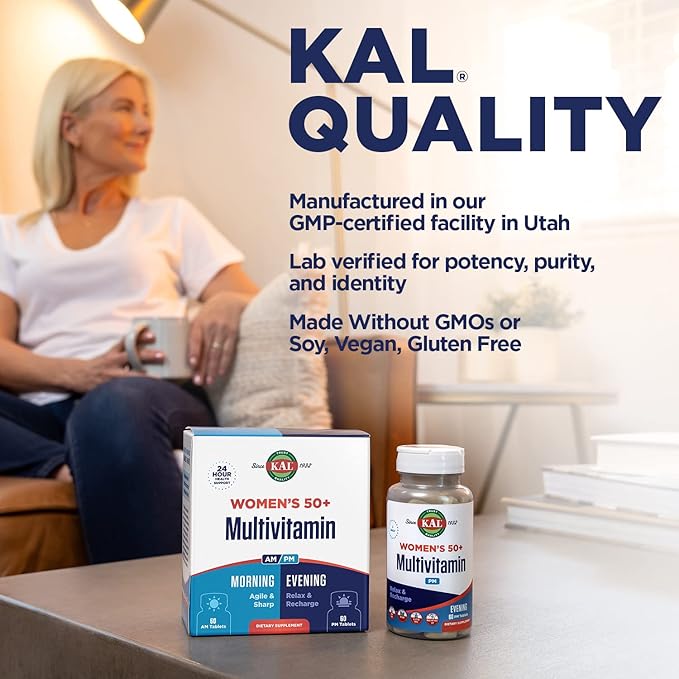 KAL Plus 2-in-1 Multivitamin for Women 50+ AM/PM Vitamin B and D Biotin Ginkgo Biloba Bone Strength and Immune Support Made Without GMOs and Soy Vegan 30 Servings 120 Tablets