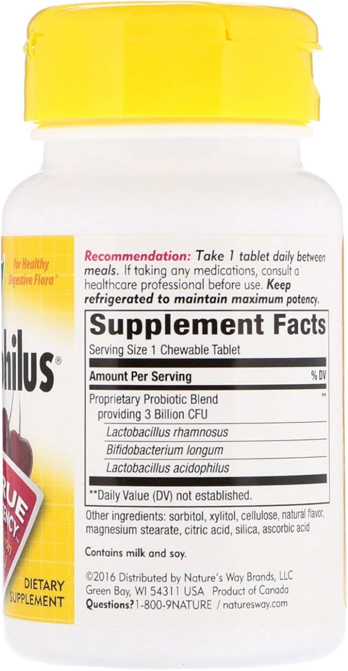 Nature's Way Primadophilus Probiotic Chewables for Kids Supports Healthy Digestive Flora* for Kids Ages 2+ 3 Billion CFU 30 Cherry Flavored Chewables (Packaging May Vary) - 2 Pack