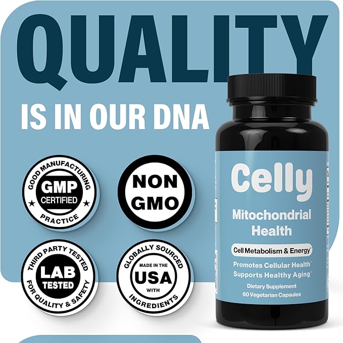 Celly Mitochondrial Health | Longevity Supplement for Cellular Nutrition and Healthy Aging | Promotes Mitochondria ATP Energy with CoQ10 Resveratrol &amp Green Coffee | Made in USA &amp 3rd Party T