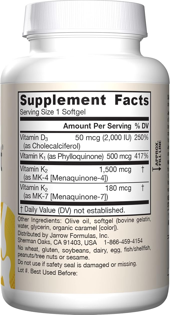 Jarrow Formulas K-Right - Vitamin K-Complex (K1 MK-4 MK-7 D3) - 60 Servings (Softgels) - Dietary Supplement for Bone &amp Cardiovascular Health Support - Vitamin K2 MK-7 - Gluten Free