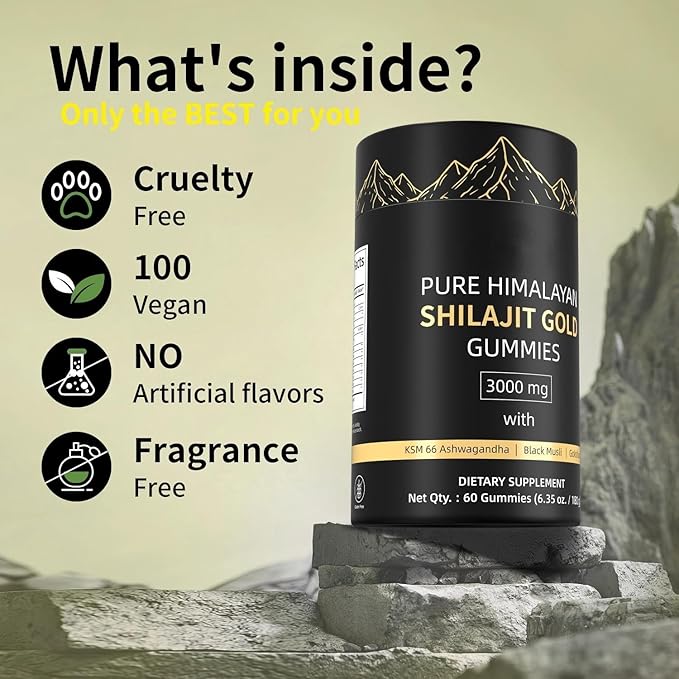 3000mg Himalayan Shilajit Gummies Gold for Men &amp Women - Organic &amp Natural with 85+ Essential Minerals &amp Fulvic Acid (1 Bottle)