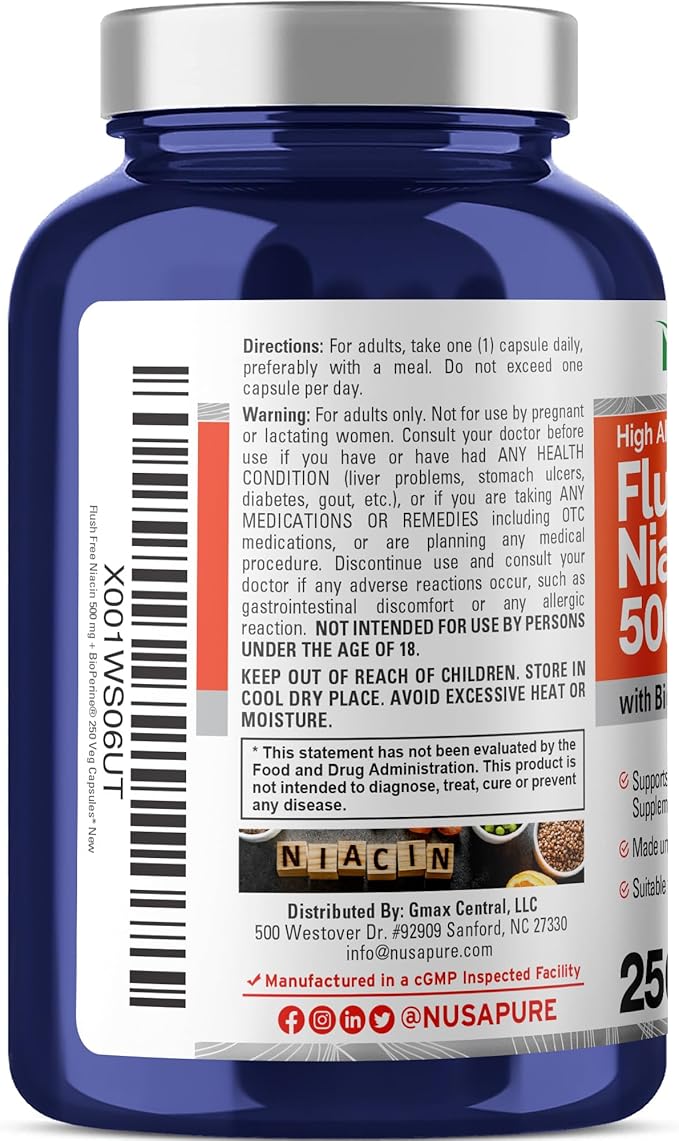 NusaPure Flush Free Niacin - Suitable for Vegetarian/Vegan Non - GMO - 500 mg - 250 Capsules